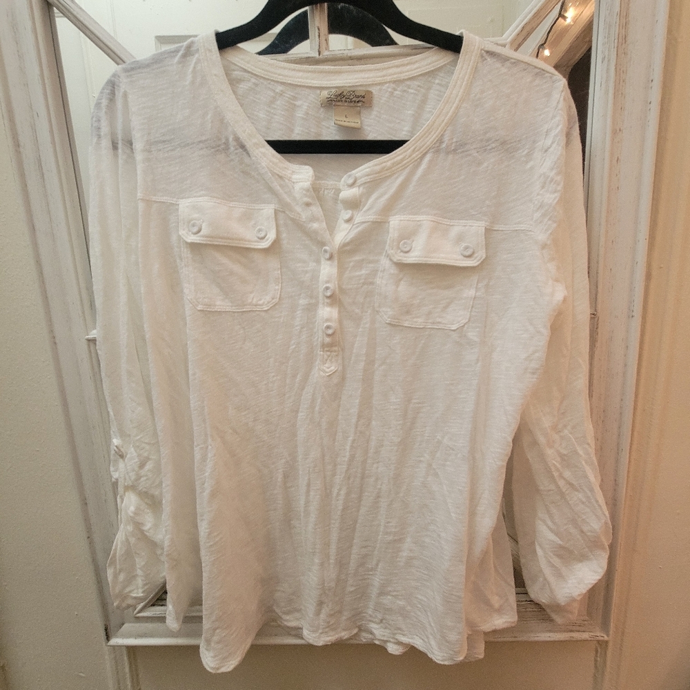 Lucky Brand Gauzy Sheer‎ Utility Henley EUC L Bohemian Coastal Elevated Basic